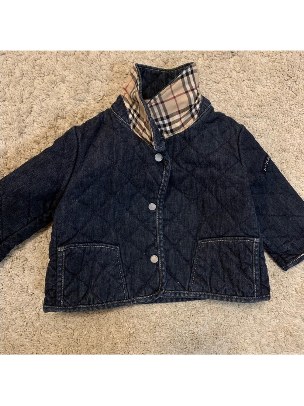 Burberry Dark Blue Quilted Denim Kids Jacket with Signature Check Collar